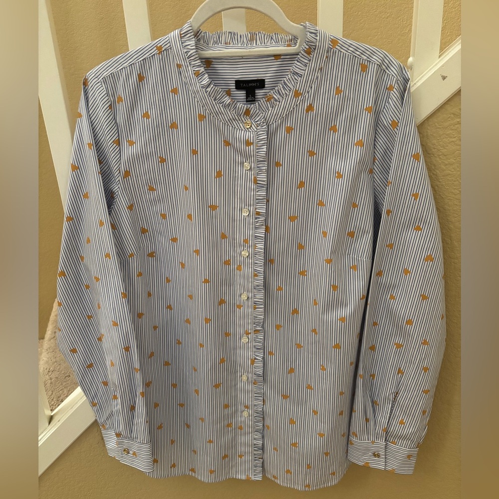 Talbots Blue and  white Stripe Button-Front Shirt w/ mustard hearts 100% cotton